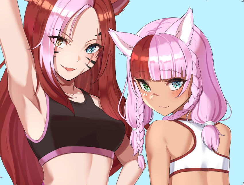 2girls appo_(36786257) arm_up armpits back bangs bare_arms bare_shoulders blue_background blue_eyes braid breasts character_request closed_mouth commission copyright_request crop_top facial_mark fang from_behind green_eyes heterochromia highres long_hair looking_at_viewer looking_back medium_breasts midriff multicolored_hair multiple_girls open_mouth parted_bangs pink_hair redhead scar scar_across_eye simple_background skeb_commission sleeveless smile sports_bra twin_braids two-tone_hair upper_body yellow_eyes