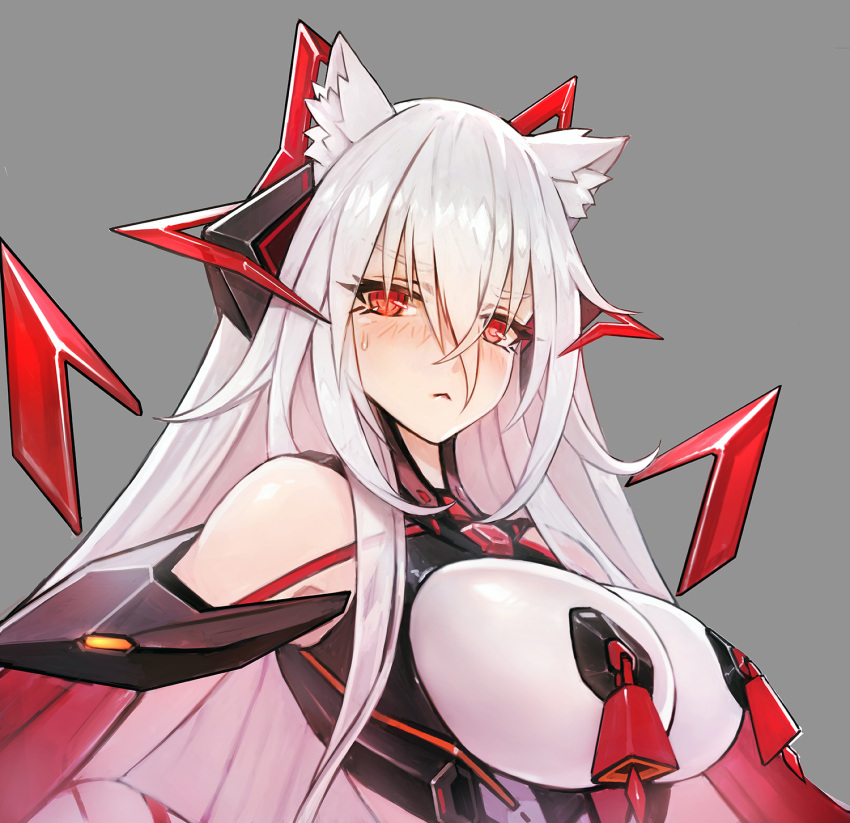 1girl animal_ears bangs blush breasts cat_ears eyebrows_visible_through_hair grey_background hair_between_eyes headgear highleg highres large_breasts long_hair looking_at_viewer nipple_bells original red_eyes science_fiction solo sweatdrop upper_body white_hair zhuore_zhi_hen