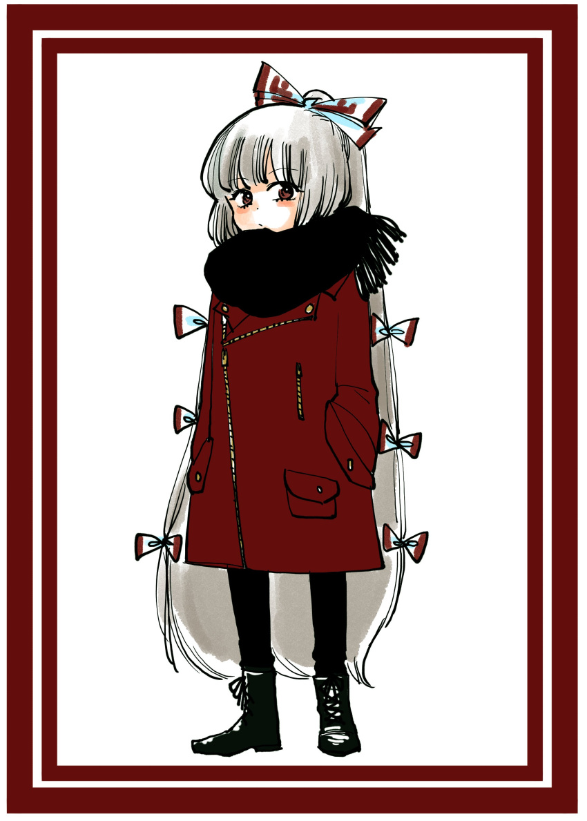 1girl absurdres alternate_costume black_footwear black_scarf boots border bow coat commentary_request contemporary fujiwara_no_mokou full_body hair_bow hands_in_pockets highres komaku_juushoku long_hair long_sleeves looking_at_viewer red_border red_bow red_coat red_eyes scarf simple_background solo touhou very_long_hair white_background white_bow white_hair zipper