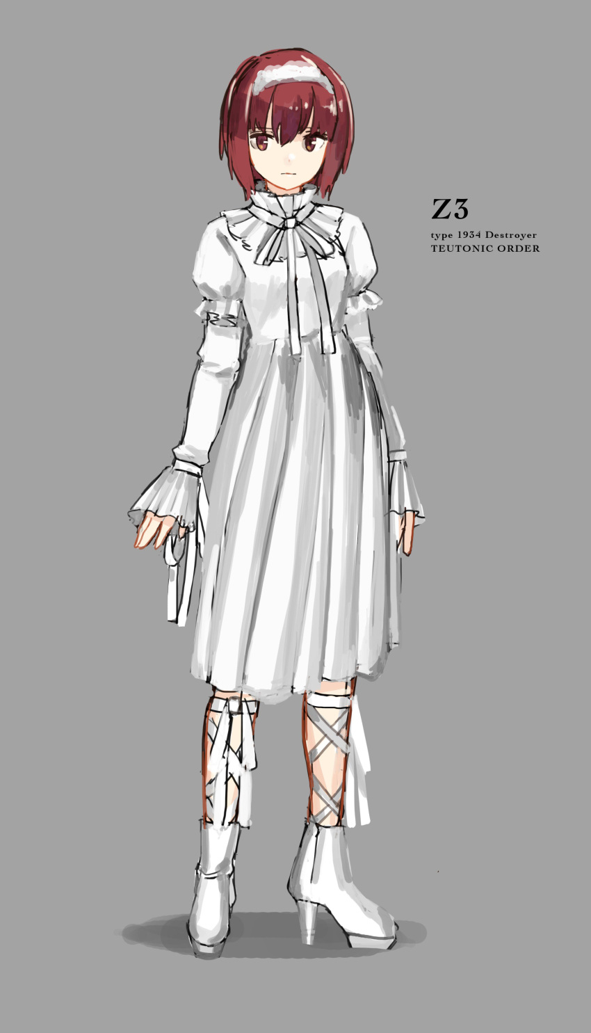 1girl absurdres alternate_costume boots character_name closed_mouth dress full_body grey_background hairband high_heel_boots high_heels highres juliet_sleeves kantai_collection long_sleeves looking_at_viewer luicent medium_hair puffy_sleeves red_eyes redhead simple_background solo standing white_dress white_hairband z3_max_schultz_(kancolle)