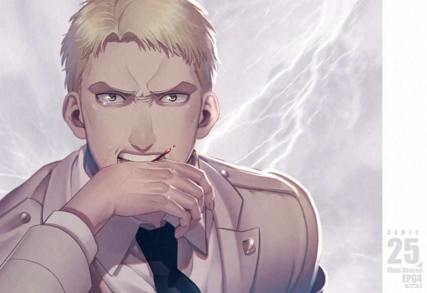 1boy biting_hand blonde_hair blood blood_splatter brown_eyes face highres lightning male_focus mappo_m2 necktie paradis_military_uniform reiner_braun shingeki_no_kyojin short_hair solo spoilers tearing_up upper_body