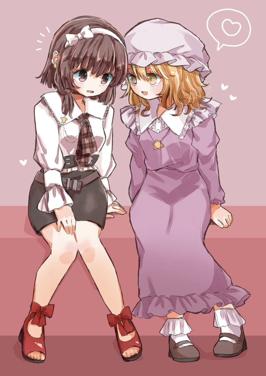 2girls :d black_skirt blonde_hair bobby_socks bow breasts brown_eyes brown_hair commentary_request dress flustered frills full_body gradient gradient_background hair_bow hairband hat heart hexagram highres knees_together_feet_apart looking_at_another maribel_hearn medium_breasts mob_cap multiple_girls no_hat no_headwear notice_lines open_mouth purple_background purple_dress salt_(seasoning) shirt short_hair simple_background sitting skirt small_breasts smile socks spoken_heart star_of_david touhou usami_renko white_bow white_headwear white_shirt