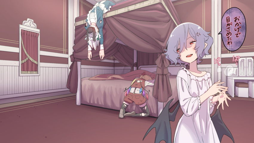 3girls anger_vein bat_wings bed black_legwear blonde_hair blue_dress brown_footwear commentary_request crystal dress flandre_scarlet four-poster_bed grey_hair highres injury izayoi_sakuya juliet_sleeves kawayabug long_hair long_sleeves maid multiple_girls open_mouth pink_dress pointy_ears puffy_sleeves red_eyes red_shorts red_vest remilia_scarlet shirt short_hair shorts suspenders thigh-highs torn_clothes torn_dress torn_legwear touhou translation_request vest white_shirt wings