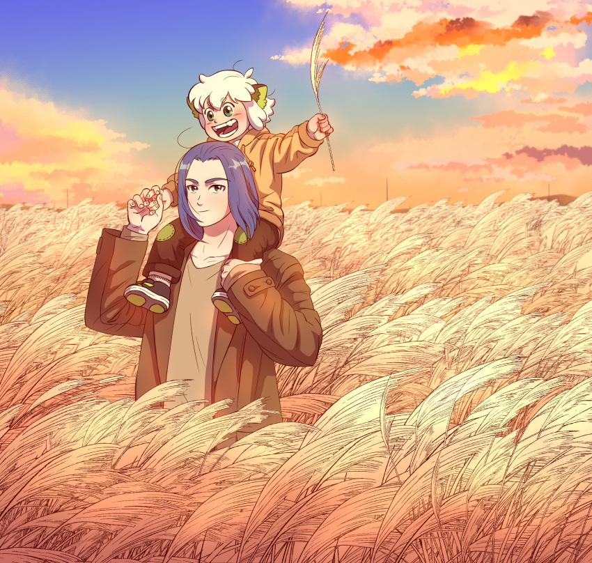 00hix00 2boys absurdres black_hair blue_sky blush brown_jacket brown_shirt clouds cloudy_sky grass highres jacket long_hair luoxiaohei multiple_boys open_mouth outdoors shirt short_hair sky smile the_legend_of_luo_xiaohei upper_body white_hair wuxian_(the_legend_of_luoxiaohei)