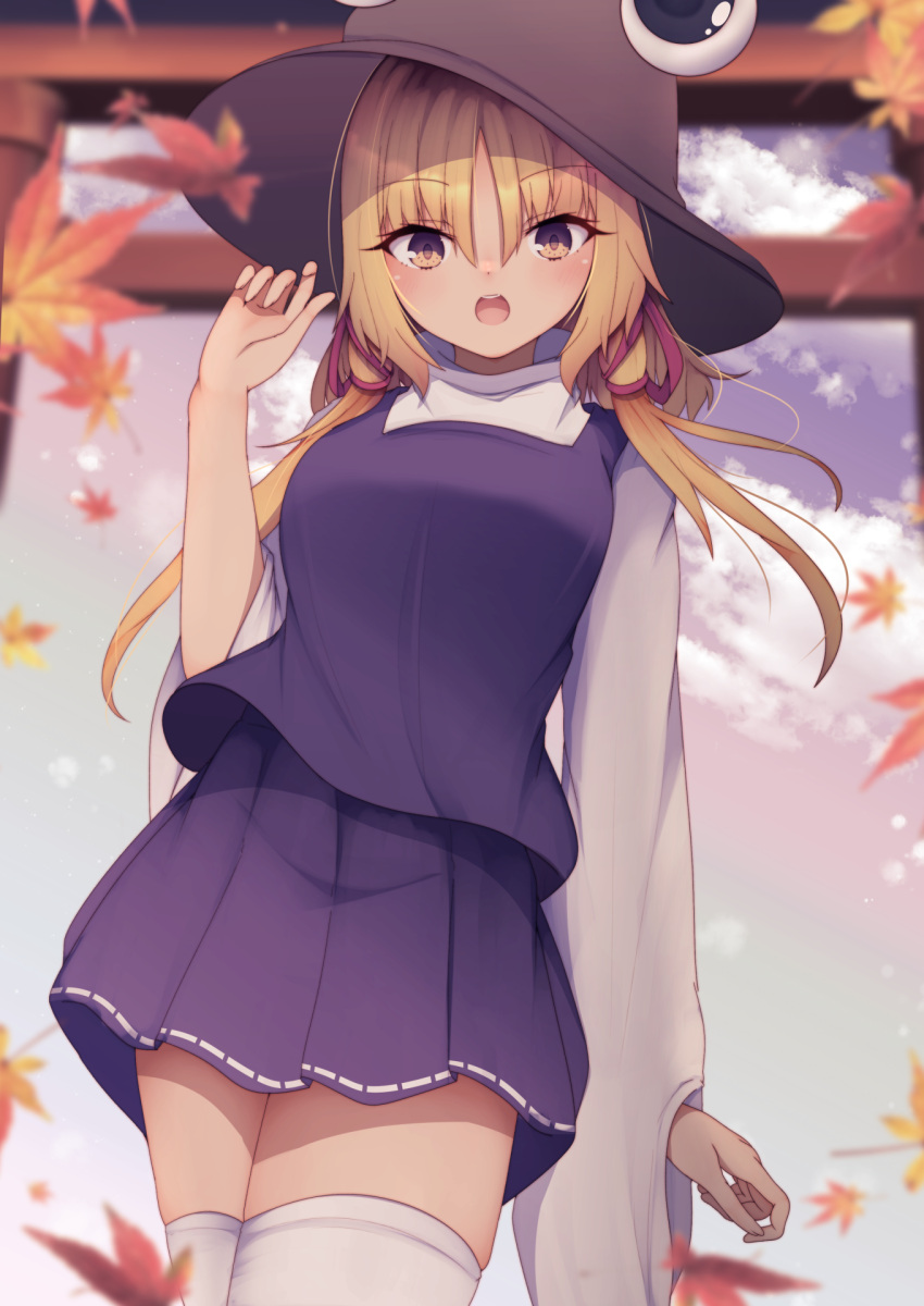 1girl :d bangs blonde_hair blush breasts brown_headwear clouds cloudy_sky commentary_request cowboy_shot darumoon day dress eyebrows_visible_through_hair from_below hair_between_eyes hand_up hat highres large_breasts leaf long_hair looking_at_viewer maple_leaf moriya_suwako open_mouth outdoors parted_bangs pleated_skirt purple_dress skirt sky smile solo thigh-highs torii touhou white_legwear wide_sleeves yellow_eyes