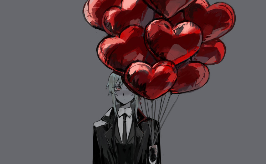 1girl balloon black_neckwear blonde_hair buttoniris closed_mouth coat collared_shirt grey_background heart_balloon highres holding holding_balloon long_sleeves looking_at_viewer necktie open_clothes open_coat original pale_color red_eyes shirt sidelocks simple_background solo spot_color symbol_commentary two_(buttoniris) wing_collar