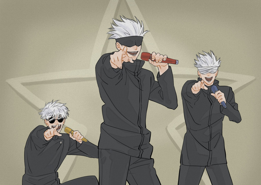 3boys :d bandages bandages_over_eyes bangs black_blindfold black_jacket black_pants blindfold covered_eyes cowboy_shot facing_viewer fuse_(2sau3) gojou_satoru grey_background hand_up high_collar highres holding holding_microphone jacket jujutsu_kaisen long_sleeves male_focus microphone multiple_boys multiple_persona open_mouth pants pointing pointing_at_viewer round_eyewear short_hair smile squatting sunglasses upper_body white_hair