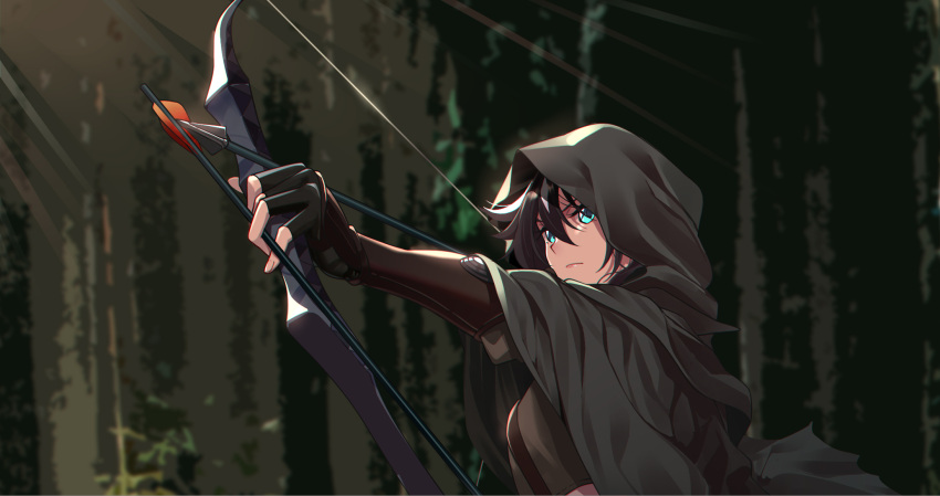 1girl arknights arrow_(projectile) bangs black_gloves black_hair bow_(weapon) cloak commentary_request fingerless_gloves gloves green_eyes hair_between_eyes highres holding holding_bow_(weapon) holding_weapon hood hooded_cloak meteor_(arknights) shijie_jianfa solo upper_body weapon