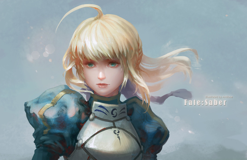 ahoge antilous armor artist_name artoria_pendragon_(all) blonde_hair blue_ribbon braid breastplate character_name fate/stay_night fate_(series) french_braid green_eyes grey_background juliet_sleeves long_sleeves looking_to_the_side painterly puffy_sleeves ribbon saber short_hair upper_body