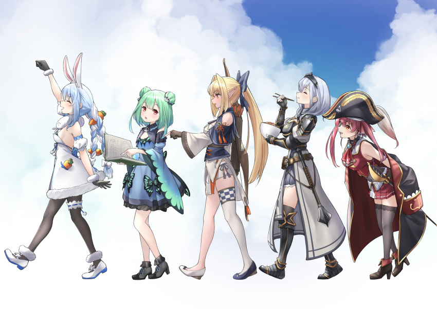 5girls animal_ears arm_up asymmetrical_footwear black_coat black_footwear black_gloves black_headwear black_legwear blonde_hair blue_bow blue_dress blue_hair blue_skirt book boots bow bowl braid breasts carrot_hair_ornament chopsticks closed_eyes closed_mouth clouds coat commentary_request detached_sleeves don-chan_(usada_pekora) double_bun dress eating eyepatch fingerless_gloves food-themed_hair_ornament from_side gloves green_hair hair_bow hair_intakes hair_ornament hair_ribbon hat high_heel_boots high_heels highres holding holding_book holding_bowl holding_chopsticks hololive hololive_fantasy houshou_marine jacket large_breasts leg_garter long_hair long_sleeves looking_at_another mismatched_footwear multiple_girls off_shoulder open_book open_clothes open_coat open_mouth pantyhose partially_fingerless_gloves pirate_hat pleated_skirt ponytail rabbit_ears red_eyes red_jacket red_ribbon red_skirt redhead ribbon shiranui_flare shirogane_noel shoes short_sleeves silver_hair single_thighhigh skirt skull_hair_ornament sleeveless sleeveless_jacket small_breasts thigh-highs tiara tsurupy twin_braids twintails uruha_rushia usada_pekora vambraces virtual_youtuber white_background white_bow white_footwear white_hair white_legwear white_skirt
