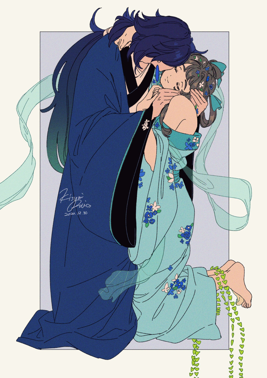 1boy 1girl aqua_robe bangs bare_shoulders blue_hair blue_robe brown_hair earrings floral_print highres jewelry kisumi_rei lanxi_zhen laojun_(the_legend_of_luoxiaohei) li_qingning_(the_legend_of_luoxiaohei) long_hair long_sleeves print_robe the_legend_of_luo_xiaohei wide_sleeves