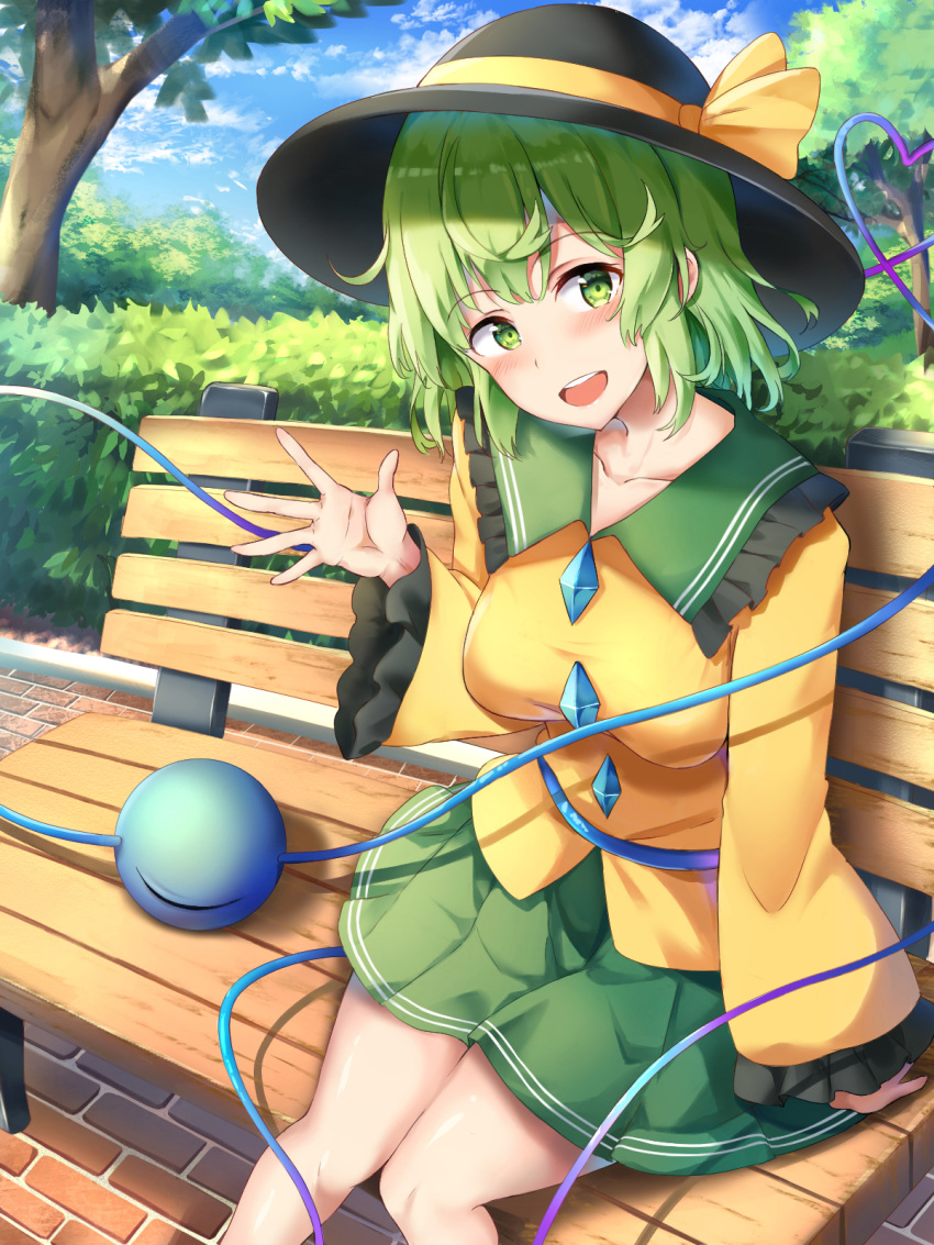 1girl :d bench black_headwear blouse breasts bush clouds cloudy_sky collarbone commentary_request day eyeball feet_out_of_frame frills green_eyes green_hair green_skirt hand_up hat hat_ribbon head_tilt heart heart_of_string highres knees_together_feet_apart komeiji_koishi large_breasts long_sleeves looking_at_viewer nagomian open_mouth outdoors ribbon short_hair sitting skirt sky smile solo third_eye touhou tree waving yellow_blouse