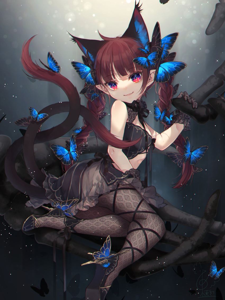 1girl :3 ahoge alternate_costume animal_ears ankle_ribbon bangs bare_shoulders black_dress black_footwear black_gloves black_legwear black_neckwear black_ribbon black_theme blue_butterfly blue_eyes braid brown_hair bug butterfly butterfly_hair_ornament butterfly_on_head cat_ears cat_tail closed_mouth commentary_request dress extra_ears eyebrows_visible_through_hair full_body gloves hair_ornament hand_up high_heels highres holding insect kaenbyou_rin lace lace_gloves lace_legwear light_particles looking_at_viewer milestone_celebration multicolored multicolored_eyes multiple_tails neck_ribbon pantyhose pointy_ears pumps reclining red_eyes redhead ribbon skeletal_hand slit_pupils smile solo tail touhou toutenkou twin_braids