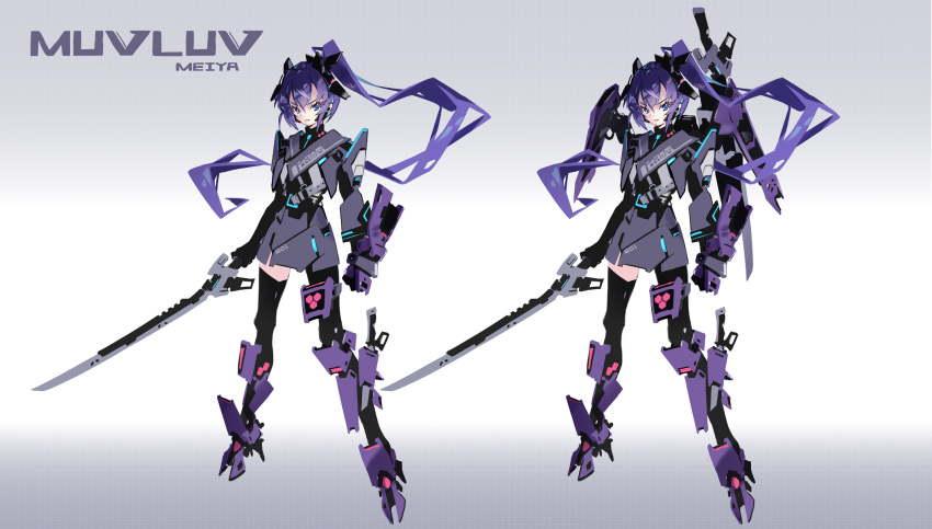 1girl asymmetrical_legwear black_gloves black_legwear blue_eyes blue_hair boots character_name copyright_name cosplay cyborg elbow_gloves full_body gloves gradient gradient_background hair_between_eyes hair_ornament hayakawa_harui high_ponytail highres holding holding_sword holding_weapon knee_boots long_hair looking_at_viewer mechanization military military_uniform mitsurugi_meiya muvluv muvluv_alternative parted_lips ponytail purple_footwear recurring_image sheath sheathed standing sword takemikazuchi_(muvluv) takemikazuchi_(muvluv)_(cosplay) thigh-highs tile_background translated tsurime uniform v-shaped_eyebrows variations very_long_hair weapon