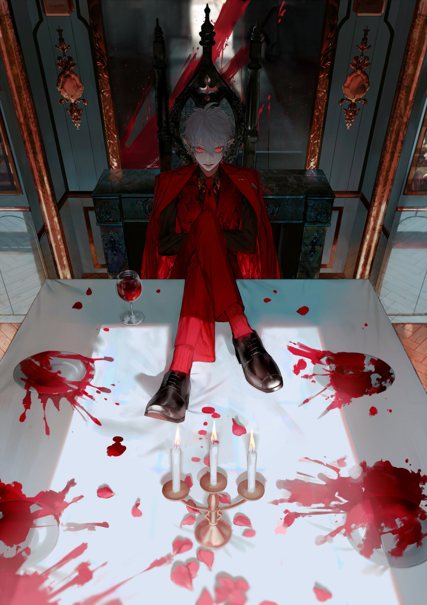 1boy absurdres au_(d_elite) bangs black_footwear blood blood_splatter candlestand chair commentary crossed_arms crossed_legs cup drinking_glass english_commentary full_body grey_hair highres indoors jacket jacket_on_shoulders kuzuha_(nijisanji) loafers male_focus mirror necktie nijisanji pants petals plate pointy_ears red_eyes red_jacket red_legwear red_neckwear red_pants red_shirt red_suit shaded_face shirt shoes short_hair sitting socks solo table tablecloth virtual_youtuber wine_glass