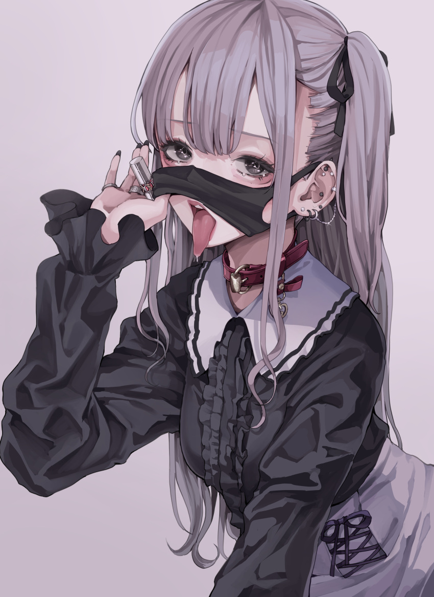 1girl absurdres bangs black_nails black_ribbon black_shirt center_frills collar commentary_request earrings frills grey_background grey_eyes grey_hair hair_ribbon hand_up highres holding jewelry koh_(minagi_kou) long_hair long_sleeves looking_at_viewer mask mask_lift mouth_mask nail_polish open_mouth original ribbon shirt side_ponytail simple_background skirt solo tongue tongue_out upper_body upper_teeth