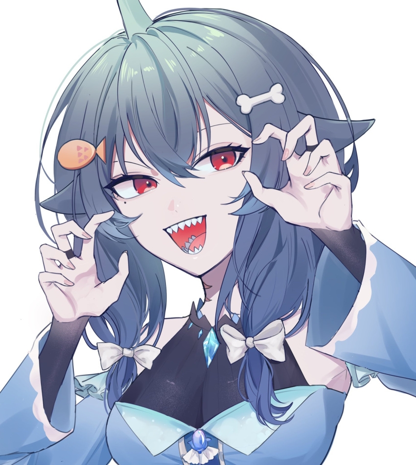 blue_dress blue_hair bow breasts commission detached_sleeves dress hair_between_eyes hair_bow highres indie_virtual_youtuber mako_sameshima medium_breasts mole mole_under_eye okyurita open_hands open_mouth red_eyes second-party_source shark_fin shark_girl sharp_teeth smile teeth virtual_youtuber white_bow