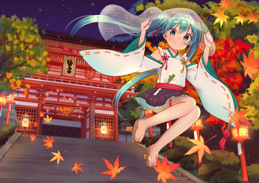 1girl absurdres aqua_eyes aqua_hair arms_up autumn autumn_leaves bangs black_skirt closed_mouth commentary_request detached_sleeves frilled_skirt frills geta hair_between_eyes hair_ribbon hatsune_miku highres iluka_(ffv7) japanese_clothes jumping kyoto lantern leaf long_hair maple_leaf night night_sky nontraditional_miko ribbon shirt shrine skirt sky sleeveless sleeveless_shirt smile solo spring_onion stairs star_(sky) thigh_strap tree twintails veil vocaloid white_shirt wide_sleeves