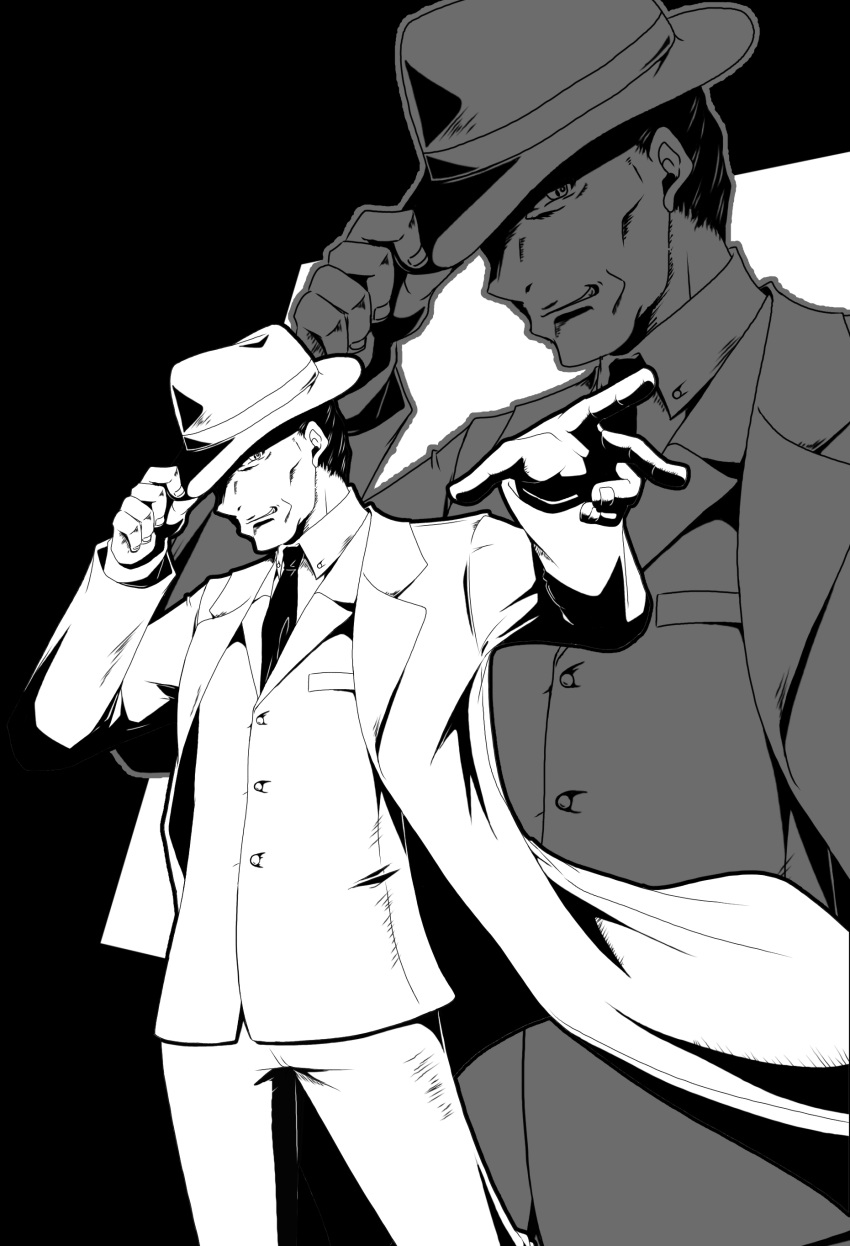 1boy absurdres black_background collared_shirt commentary_request cowboy_shot fedora formal greyscale grin hands_up hat hat_tip high_contrast highres kamon_rider long_sleeves looking_at_viewer male_focus monochrome muvluv muvluv_alternative necktie outline pants shirt short_hair simple_background smile standing suit suit_jacket trench_coat w white_background wind yoroi_sakon zoom_layer