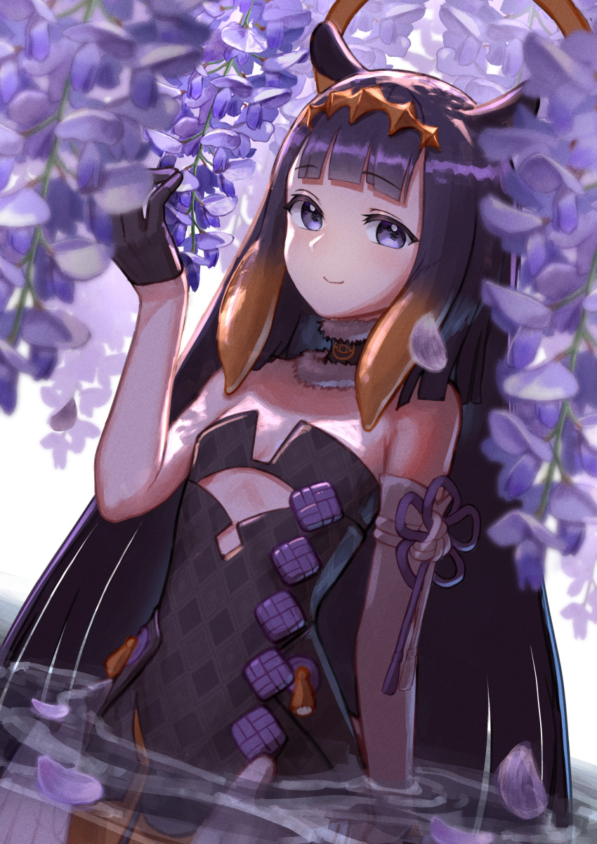 1girl arimoto_wataru bangs bare_shoulders black_gloves blunt_bangs blush breasts eyebrows_visible_through_hair flower flower_knot gloves highres hololive hololive_english hydrangea long_hair looking_at_viewer ninomae_ina'nis petals pointy_ears purple_hair shiny shiny_hair small_breasts smile solo tentacle_hair violet_eyes virtual_youtuber water white_background