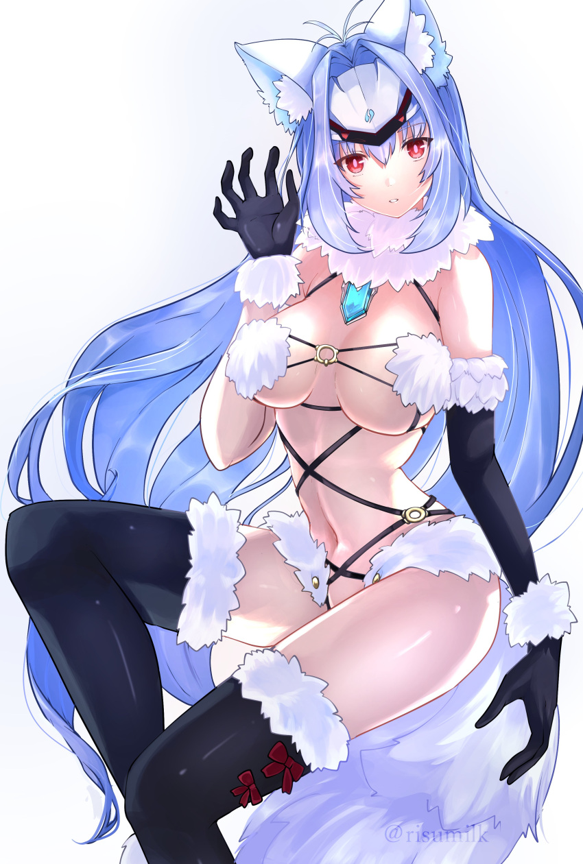 1girl absurdres animal_ears blue_hair breasts cat_ears cat_girl chest_jewel gem gloves highres kos-mos kos-mos_re: large_breasts long_hair red_eyes risumi_(taka-fallcherryblossom) solo thigh-highs very_long_hair xenoblade_chronicles_(series) xenoblade_chronicles_2