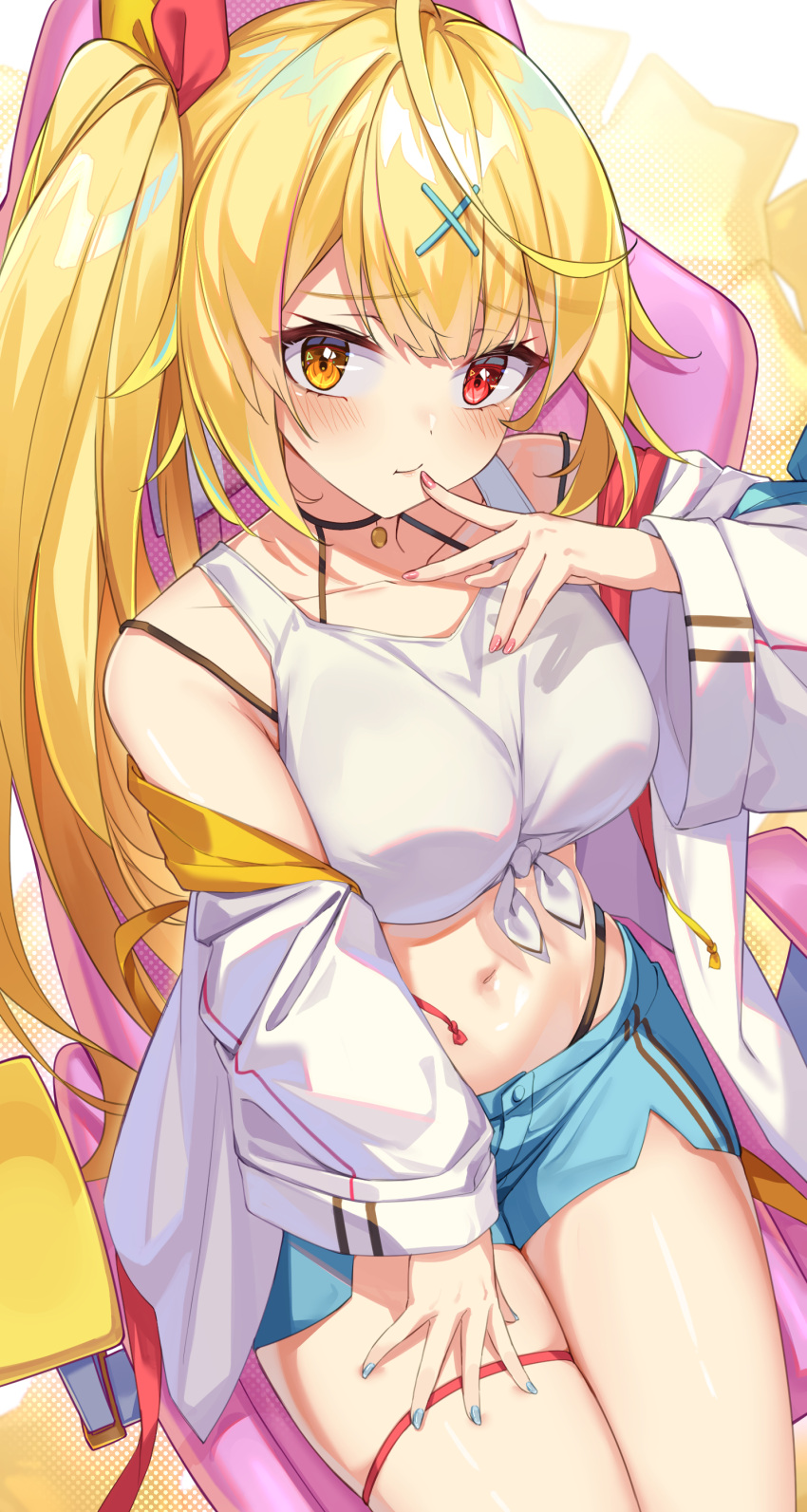 1girl absurdres ahoge bare_shoulders blonde_hair blue_shorts breasts closed_mouth collarbone crop_top finger_to_mouth front-tie_top hachinatsu hair_ornament hair_ribbon hand_on_own_thigh heterochromia highleg highres hoshikawa_sara jacket long_hair long_sleeves looking_at_viewer medium_breasts midriff navel nijisanji off_shoulder open_clothes open_jacket orange_eyes red_eyes ribbon shirt short_shorts shorts side_ponytail sitting sleeveless sleeveless_shirt solo stomach tank_top thigh_strap thighs very_long_hair virtual_youtuber white_jacket white_shirt x_hair_ornament