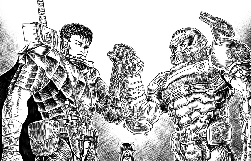 2boys berserk black_hair cacodemon character_request clenched_hand crossover cyclops dagger doom_(series) doomguy eye_contact fist_bump greyscale gun guts_(berserk) helmet highres horns looking_at_another missing_eye monochrome multiple_boys muscular muscular_male one-eyed pouch power_armor sheath sheathed standing substance20 sword weapon