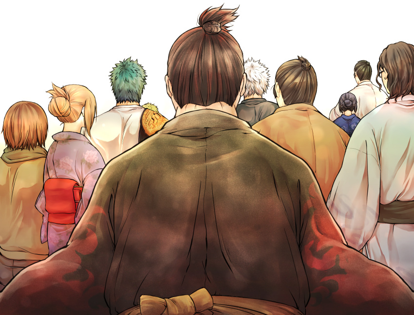 2girls 6+boys brown_hair floral_print from_behind glasses gojou_reina gojou_yuuma green_hair hair_up highres hinomaru_zumou hori_chizuko japanese_clothes kimono kunisaki_chihiro mitsuhashi_kei multiple_boys multiple_girls obi ozeki_shinya sash short_hair simple_background standing ton_(lit42) tsuji_kirihito ushio_hinomaru white_background white_hair