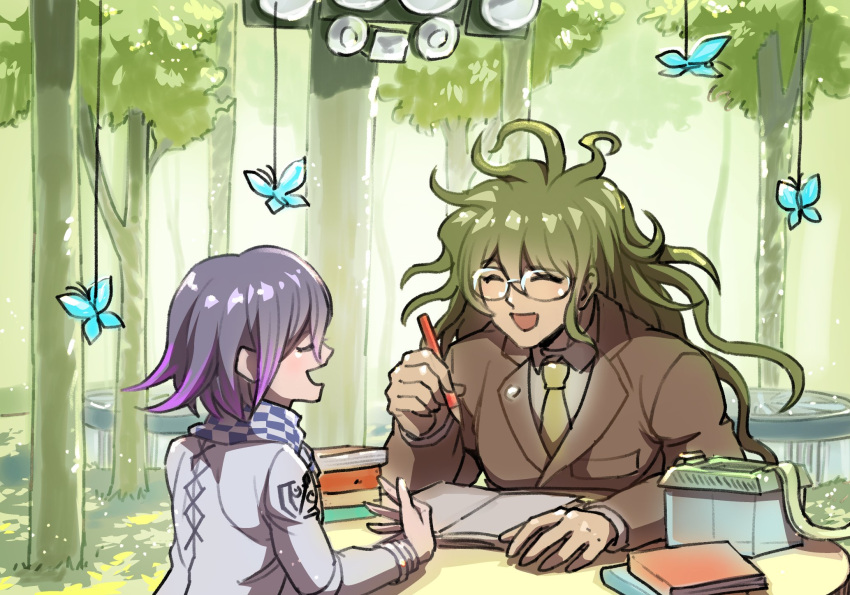2boys :d bangs blue_butterfly book book_stack box brown_jacket bug butterfly checkered checkered_scarf closed_eyes collared_shirt dangan_ronpa_(series) dangan_ronpa_v3:_killing_harmony facing_another forest glasses gokuhara_gonta green_hair grey_jacket grey_scarf highres holding holding_pencil insect jacket long_hair long_sleeves medium_hair messy_hair multicolored_hair multiple_boys nature necktie open_mouth ouma_kokichi outdoors pencil pink_hair purple_hair purple_scarf rimless_eyewear scarf school_uniform shiny shiny_hair shirt smile table tree two-tone_hair youko-shima