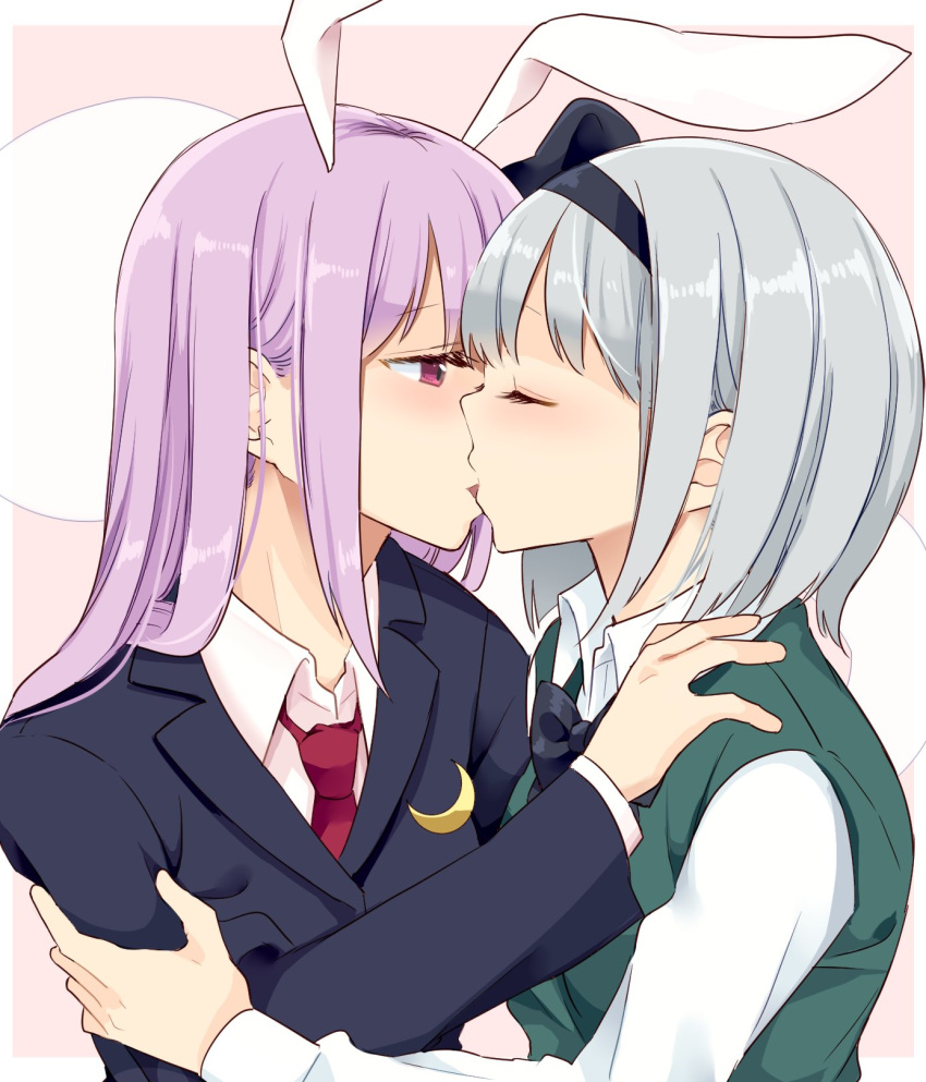 2girls animal_ears black_bow black_hairband black_neckwear blush bow bowtie closed_eyes commentary_request crescent crescent_pin extra_ears from_side green_vest hairband hand_on_another's_shoulder highres hitodama kiss konpaku_youmu konpaku_youmu_(ghost) long_hair looking_at_another multiple_girls necktie pink_background profile purple_hair rabbit_ears red_neckwear reisen_udongein_inaba short_hair silver_hair simple_background stigma1101 suit_jacket touhou upper_body vest yuri