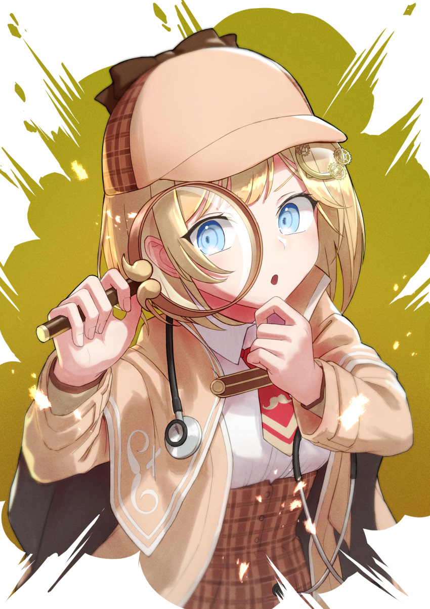 1girl :o absurdres arimoto_wataru bangs blonde_hair blue_eyes blush breasts brown_capelet commentary_request deerstalker hair_between_eyes hair_ornament hairclip hands_up hat highres holding hololive hololive_english long_hair long_sleeves looking_at_viewer magnifying_glass monocle_hair_ornament necktie open_mouth plaid plaid_skirt red_neckwear shirt short_necktie skirt smile solo upper_body virtual_youtuber watson_amelia white_shirt