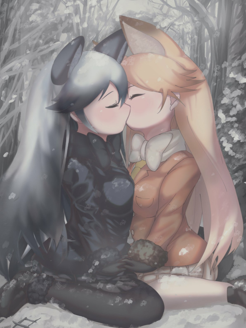 2girls animal_ears bangs black_bow black_coat black_gloves black_hair black_legwear black_neckwear black_skirt blonde_hair bow bowtie closed_eyes coat commentary extra_ears ezo_red_fox_(kemono_friends) forest fox_ears fur-trimmed_sleeves fur_trim gloves gradient_hair highres kemono_friends kiss long_hair long_sleeves multicolored_hair multiple_girls nature orange_coat pantyhose shiromeshi_(humituki0730) silver_fox_(kemono_friends) silver_hair sitting skirt snowing very_long_hair white_bow white_legwear white_neckwear white_skirt winter yuri