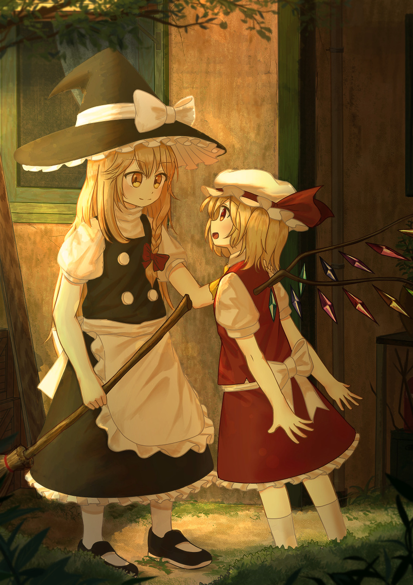 2girls absurdres ankle_socks apron arm_up arms_behind_back black_footwear black_headwear black_skirt black_vest blonde_hair braid broom commentary_request cravat door ekaapetto english_commentary eye_contact flandre_scarlet hair_ribbon hand_on_another's_shoulder hat hat_ribbon highres holding holding_broom house kirisame_marisa long_hair looking_at_another mary_janes mixed-language_commentary mob_cap multiple_girls one_side_up outdoors puffy_short_sleeves puffy_sleeves red_eyes red_skirt red_vest ribbon shirt shoes short_hair short_sleeves sideways_mouth single_braid skirt smile standing touhou tress_ribbon very_long_hair vest waist_apron white_headwear white_legwear white_shirt window wings witch_hat yellow_eyes yellow_neckwear