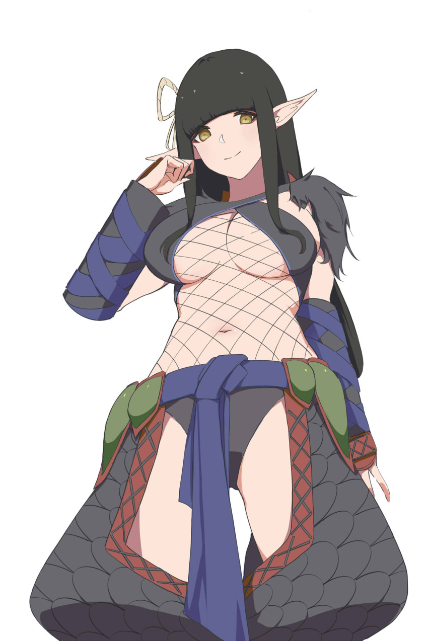 1girl armor bangs black_hair blunt_bangs breasts closed_mouth fewer_digits fishnets gloves hair_ornament hairband highres hinoa large_breasts long_hair looking_at_viewer midriff monster_hunter_(series) monster_hunter_rise nargacuga_(armor) navel panties pointy_ears simple_background smile solo thigh-highs underwear whitek yellow_eyes