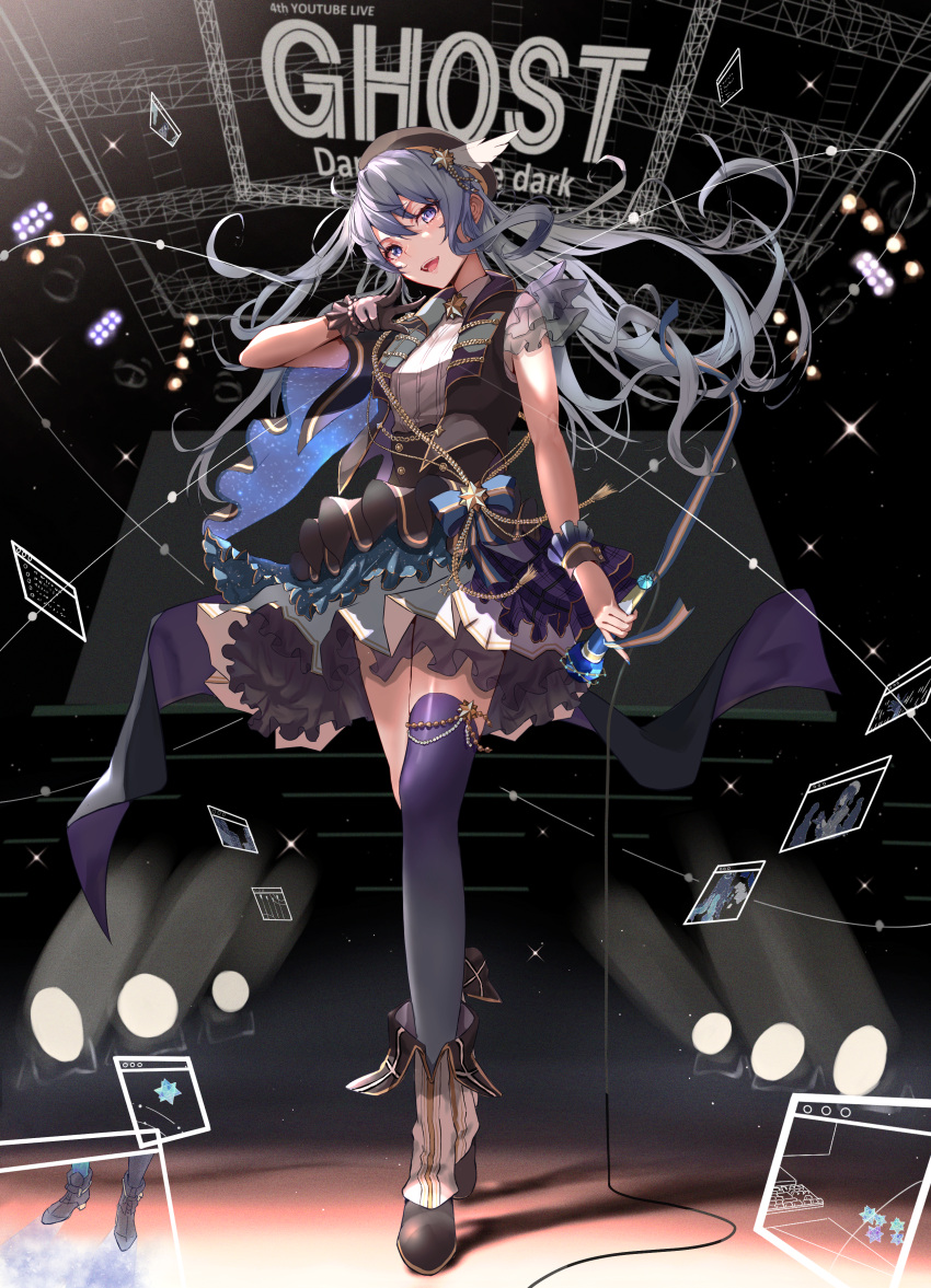 1girl :d absurdres bangs beret black_footwear black_gloves black_headwear black_vest blue_eyes blue_hair blue_legwear boots commentary_request frilled_skirt frills full_body gloves gradient gradient_legwear hair_between_eyes hat high-waist_skirt highres holding holding_microphone hololive hoshimachi_suisei huge_filesize long_hair looking_at_viewer microphone mugiusagi open_mouth purple_legwear shirt single_glove single_thighhigh single_wrist_cuff skirt smile solo song_name stage stage_lights standing star_(symbol) star_in_eye symbol_in_eye thigh-highs v very_long_hair vest virtual_youtuber white_shirt wrist_cuffs