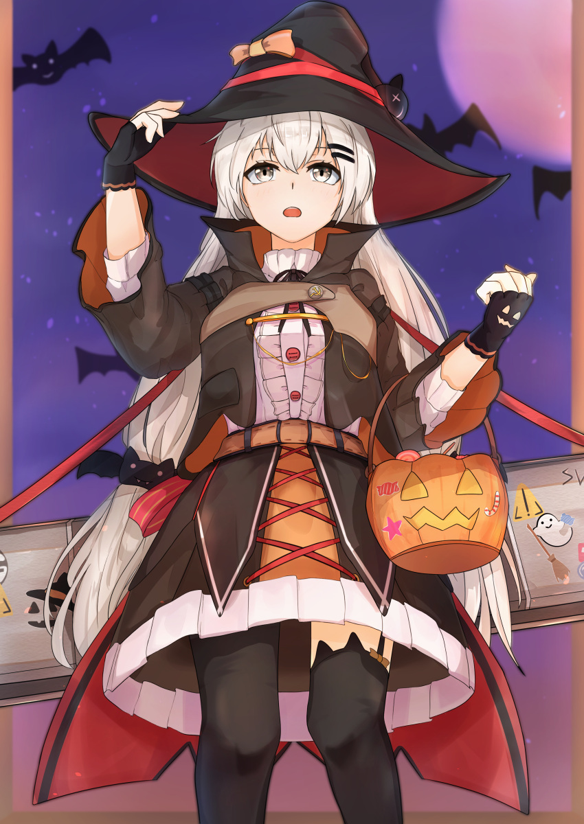 1girl absurdres asymmetrical_legwear bangs bat black_gloves black_legwear bucket eyebrows_visible_through_hair feet_out_of_frame fingerless_gloves girls_frontline gloves grey_eyes halloween halloween_bucket halloween_costume hand_on_headwear hat highres holding holding_bucket long_hair looking_up moon muteppona_hito night night_sky open_mouth silver_hair sky solo standing svd_(girls_frontline) thigh-highs twintails weapon_case witch_hat