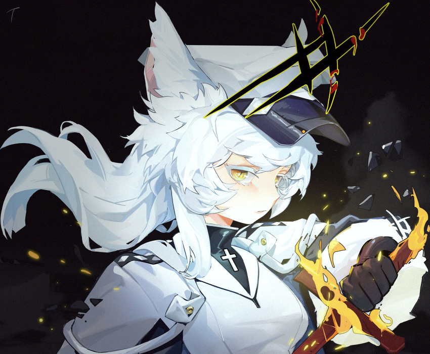 1girl alchemy_stars animal_ears black_background black_gloves cape coat commentary_request cross eyebrows fire gloves highres holding holding_sword holding_weapon long_hair looking_at_viewer philyshy_(alchemy_stars) signature solo sparks sword tt_(yace3857) weapon white_cape white_coat white_hair white_headwear yellow_eyes