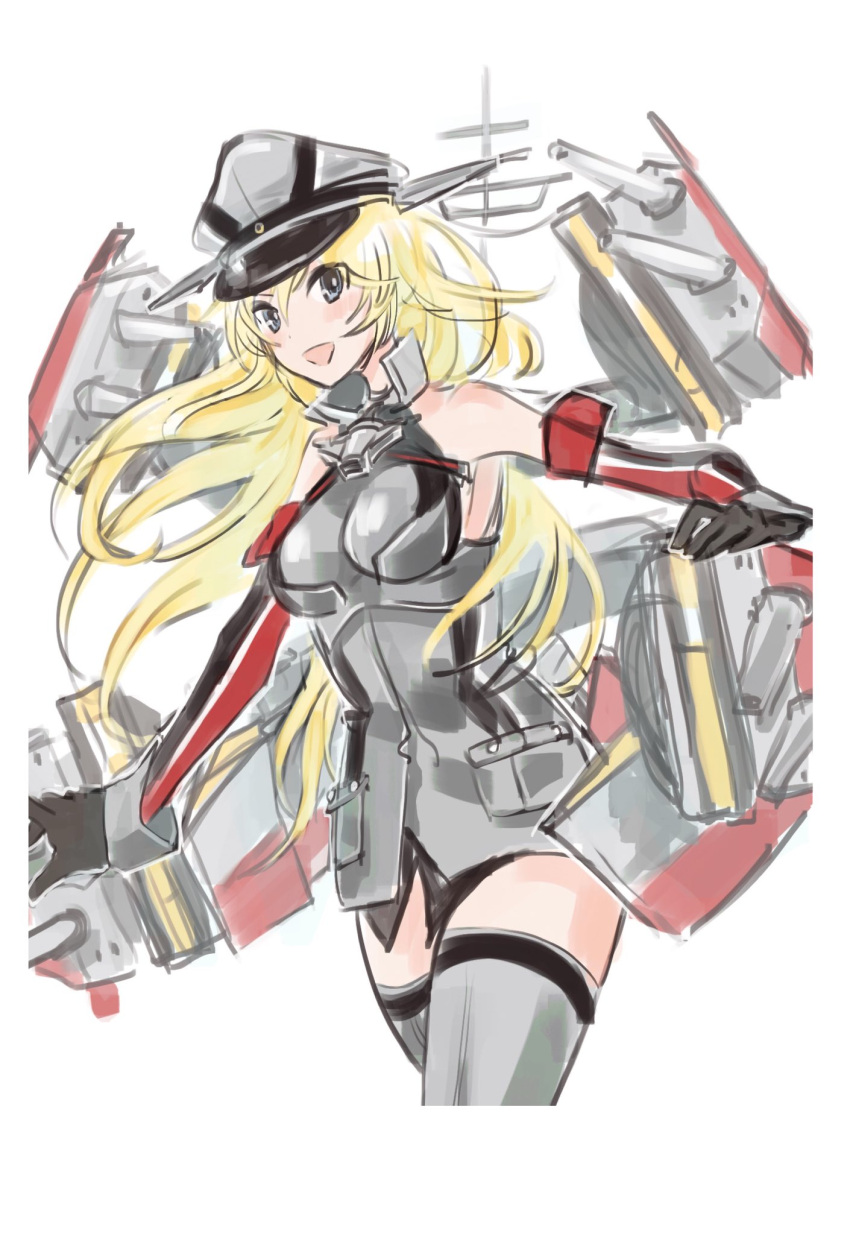 1girl bangs bismarck_(kancolle) black_gloves blonde_hair blue_eyes blush breasts elbow_gloves gloves grey_legwear hair_between_eyes hat highres kantai_collection long_hair medium_breasts military military_uniform momosio2f one-hour_drawing_challenge open_mouth peaked_cap rigging simple_background solo thigh-highs uniform white_background