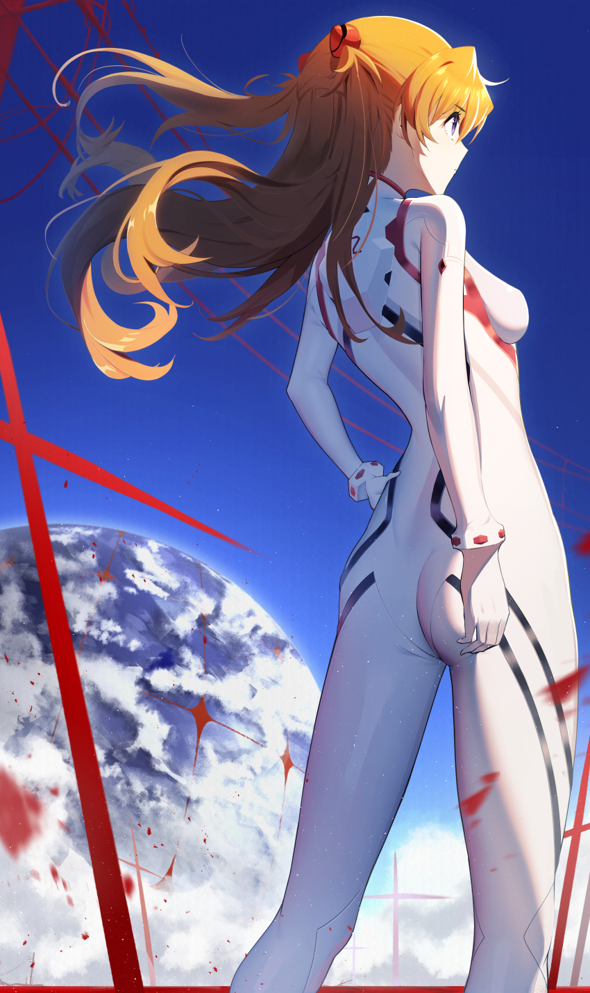 1girl absurdres ass bangs blue_sky bodysuit breasts closed_mouth clouds cloudy_sky commentary_request evangelion:_3.0+1.0_thrice_upon_a_time eyebrows_visible_through_hair gloves hair_ornament hand_up highres huge_filesize interface_headset long_hair long_sleeves looking_away medium_breasts neon_genesis_evangelion orange_hair plugsuit rebuild_of_evangelion shikinami_asuka_langley shiny shiny_hair simple_background skin_tight sky solo souryuu_asuka_langley takom tied_hair white_bodysuit
