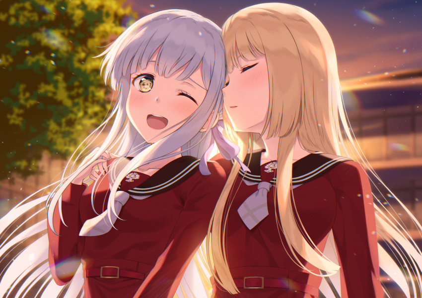 2girls arm_around_shoulder arm_on_shoulder assault_lily blonde_hair blurry blurry_background blush breasts closed_eyes collarbone commentary evening eyebrows_visible_through_hair hand_on_another's_shoulder hand_up highres kon_kanaho leaf lens_flare light_blush long_hair miyagawa_takane multiple_girls necktie nuenue one_eye_closed open_mouth outdoors pagoda parted_lips school_uniform silver_hair small_breasts smile sunlight sunset tree upper_body upper_teeth yellow_eyes yuri yurigaoka_girls_academy_school_uniform