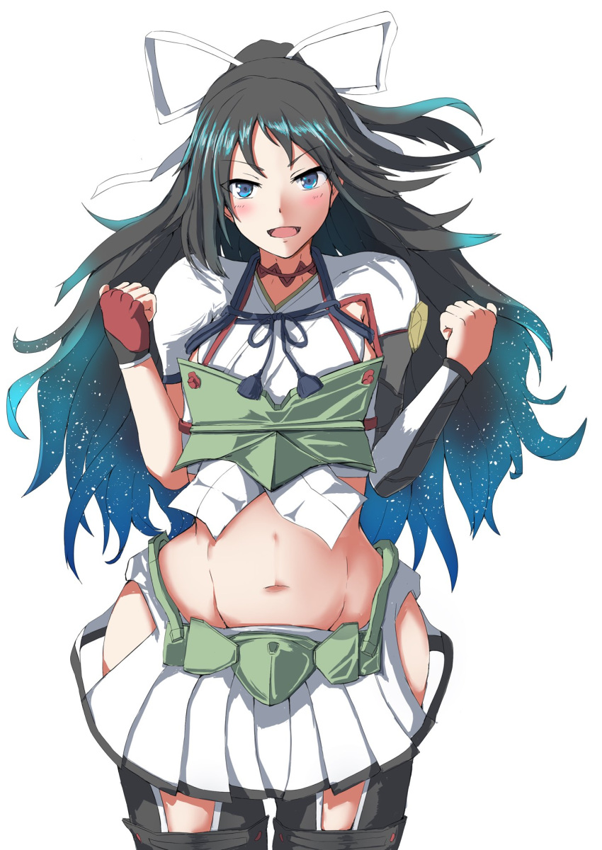 1girl armor black_hair blue_eyes cowboy_shot fingerless_gloves gloves hair_ribbon highres kantai_collection katsuragi_(kancolle) kurage_ituki long_hair looking_at_viewer midriff pleated_skirt ponytail ribbon simple_background single_glove skirt smile solo thigh-highs white_background white_skirt