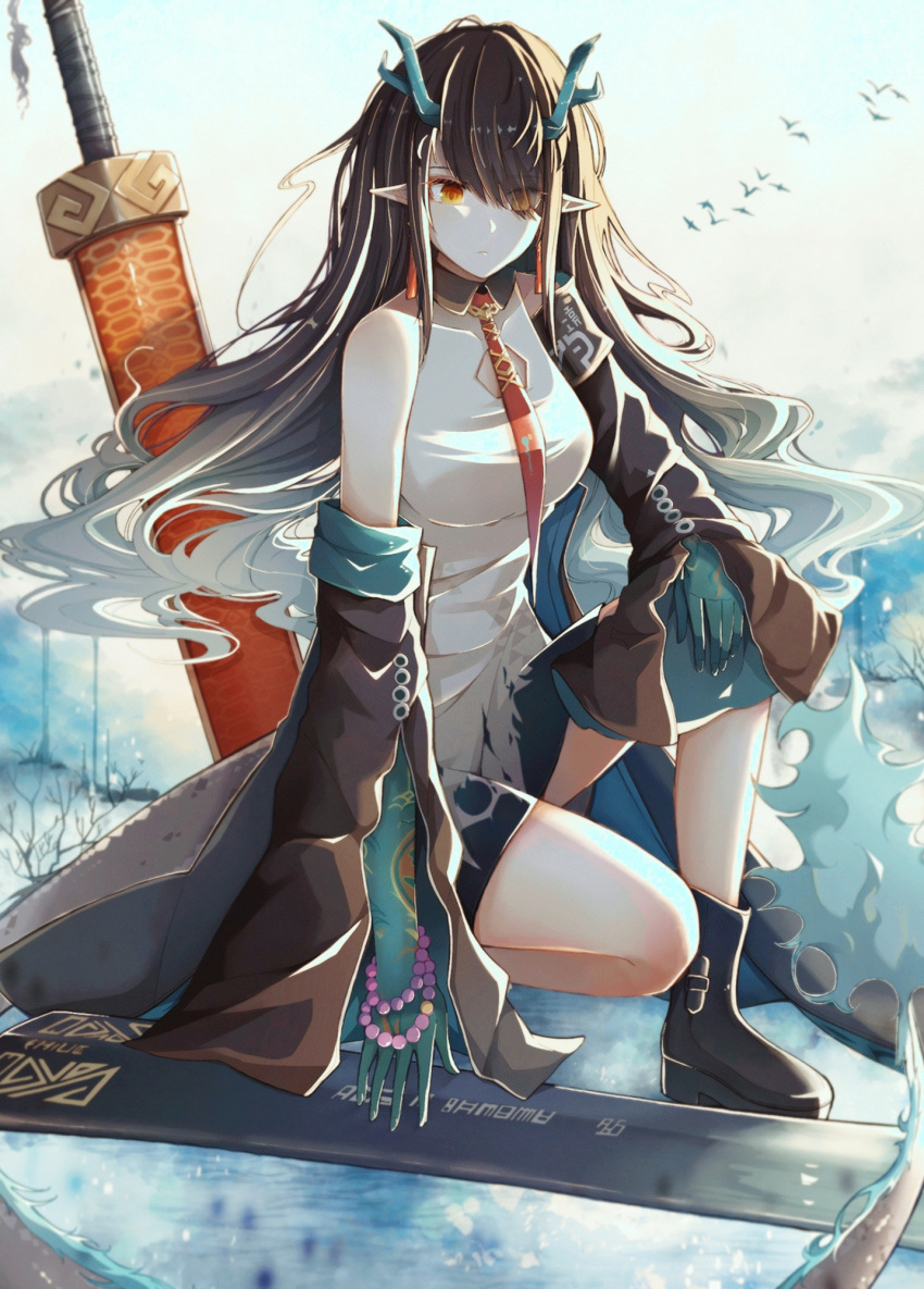 1girl arknights bare_shoulders black_coat black_footwear boots bracelet chinese_commentary coat commentary_request dress dusk_(arknights) earrings from_side hair_over_one_eye highres horns jewelry long_hair looking_at_viewer multicolored_hair necktie off_shoulder open_clothes open_coat pointy_ears red_eyes sleeveless sleeveless_dress solo streaked_hair sword very_long_hair weapon white_dress youyoukongmingtang