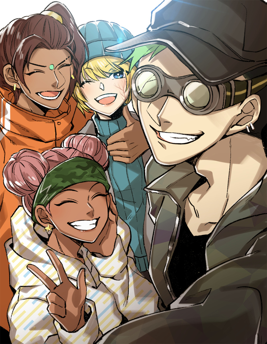 1boy 3girls ^_^ alternate_costume apex_legends baseball_cap black_headwear blonde_hair blue_sweater brown_hair closed_eyes dark_skin dark-skinned_female double_bun ear_piercing earrings facial_mark forehead_mark goggles green_hair green_headband grey_jacket hair_behind_ear hat headband highres hood hoodie jacket jewelry lifeline_(apex_legends) mozuwaka multiple_girls octane_(apex_legends) open_mouth piercing pink_hair rampart_(apex_legends) ribbed_sweater selfie short_hair side_ponytail smile star_(symbol) star_earrings sweater thumbs_up v wattson_(apex_legends)