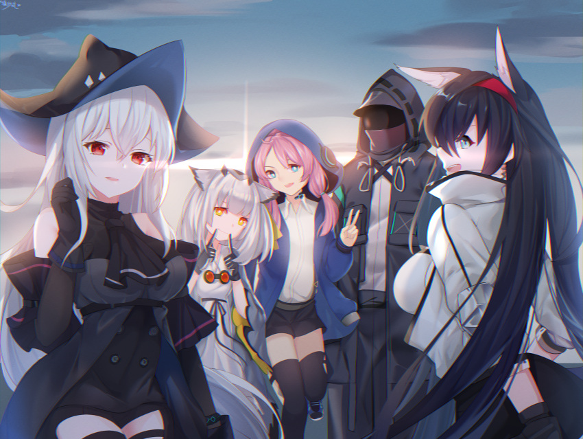 1other 4girls animal_ears arknights arm_cuffs ascot bangs bare_shoulders black_gloves black_headwear blaze_(arknights) blue_eyes blue_footwear blue_hair blue_jacket blue_poison_(arknights) breasts cat_ears chest_strap chinese_commentary commentary doctor_(arknights) fingers_to_mouth gloves group_picture hair_between_eyes hairband hand_up hat highres hood hooded_jacket infection_monitor_(arknights) jacket leg_up lingshalan long_hair long_sleeves looking_at_viewer medium_breasts multiple_girls open_clothes open_jacket open_mouth orange_eyes outdoors pink_hair pointy_hair ptilopsis_(arknights) red_eyes red_hairband shirt shoes short_twintails silver_hair skadi_(arknights) sky smile twintails upper_body v very_long_hair visor white_jacket white_shirt