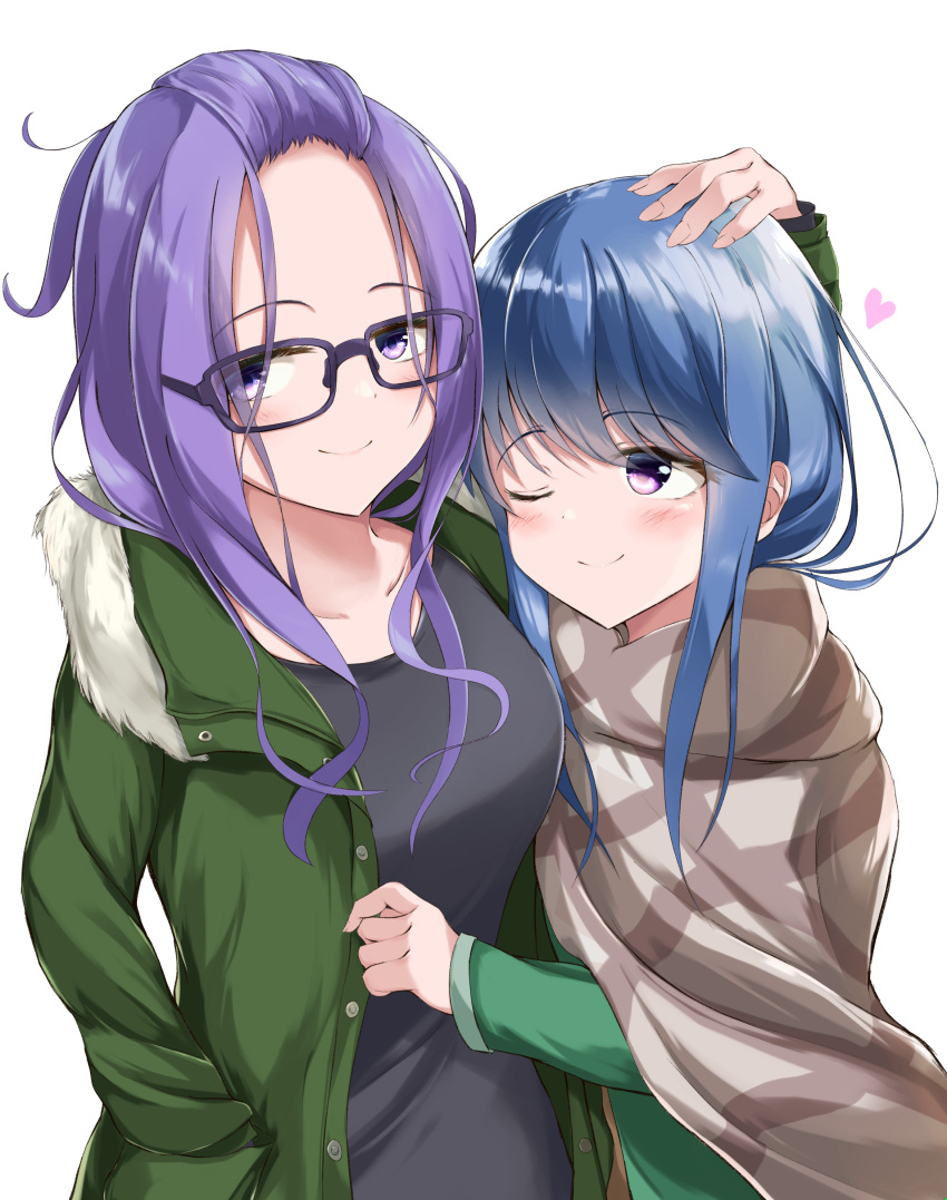 2girls absurdres bangs_pinned_back blue_hair blush coat commentary glasses hand_in_pocket headpat heart highres kagamihara_sakura long_hair looking_at_another multiple_girls one_eye_closed poncho purple_hair shima_rin shirt simple_background smile violet_eyes white_background ysys yuri yurucamp