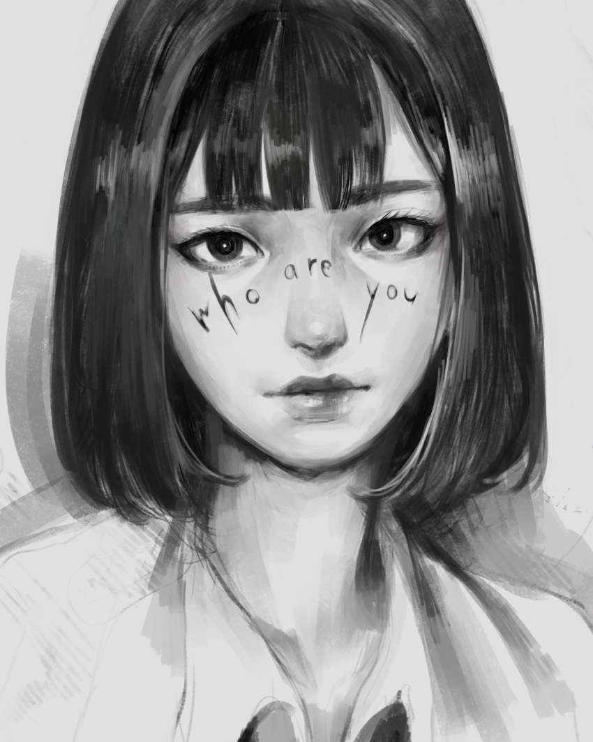 1girl bangs blunt_bangs bob_cut body_writing closed_mouth collared_shirt grey_background greyscale highres looking_at_viewer monochrome original portrait shirt solo upper_body wataboku wing_collar