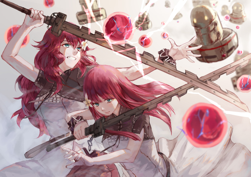 2girls aqua_eyes arms_up bangs blocking blunt_bangs breasts clenched_teeth commentary devola dress energy_ball fighting flower hair_flower hair_ornament highres holding holding_sword holding_weapon long_hair luciaz multiple_girls nier_(series) nier_automata popola redhead robot short_sleeves siblings sisters spoilers sword teeth twins weapon