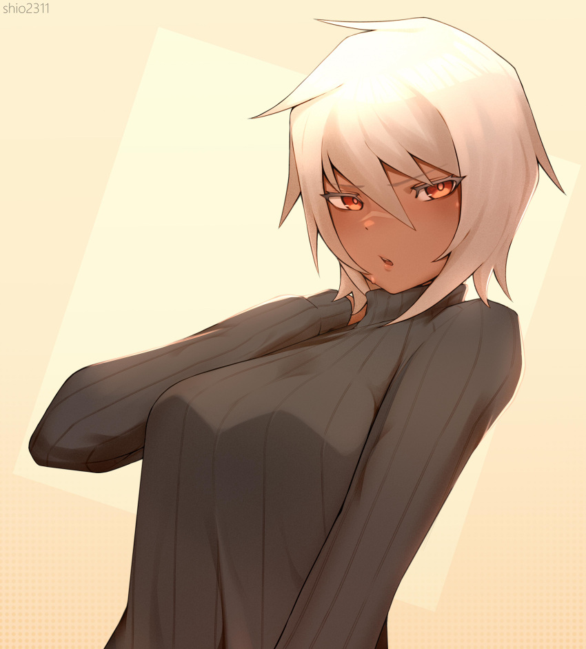 1girl absurdres black_sweater blazblue blush breasts bullet_(blazblue) dark_skin dark-skinned_female eyebrows_visible_through_hair hair_between_eyes highres long_sleeves looking_at_viewer medium_breasts open_mouth ribbed_sweater scar scar_on_face scar_on_nose shio2311 short_hair simple_background solo sweater turtleneck turtleneck_sweater twitter_username upper_body white_hair
