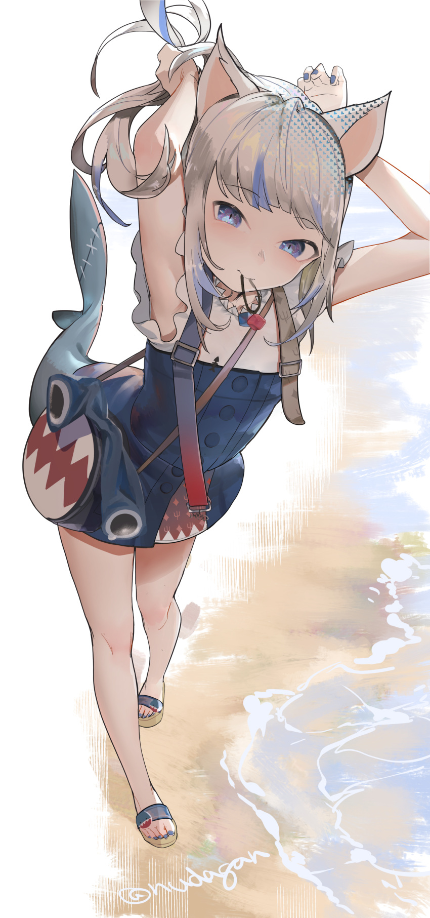 1girl absurdres animal_ears bangs beach blue_eyes blue_hair blush cat_ears fish_tail gawr_gura hair_ornament highres hololive hololive_english looking_at_viewer mouth_hold multicolored_hair nuda open_mouth shark_tail sharp_teeth silver_hair smile solo streaked_hair tail teeth virtual_youtuber