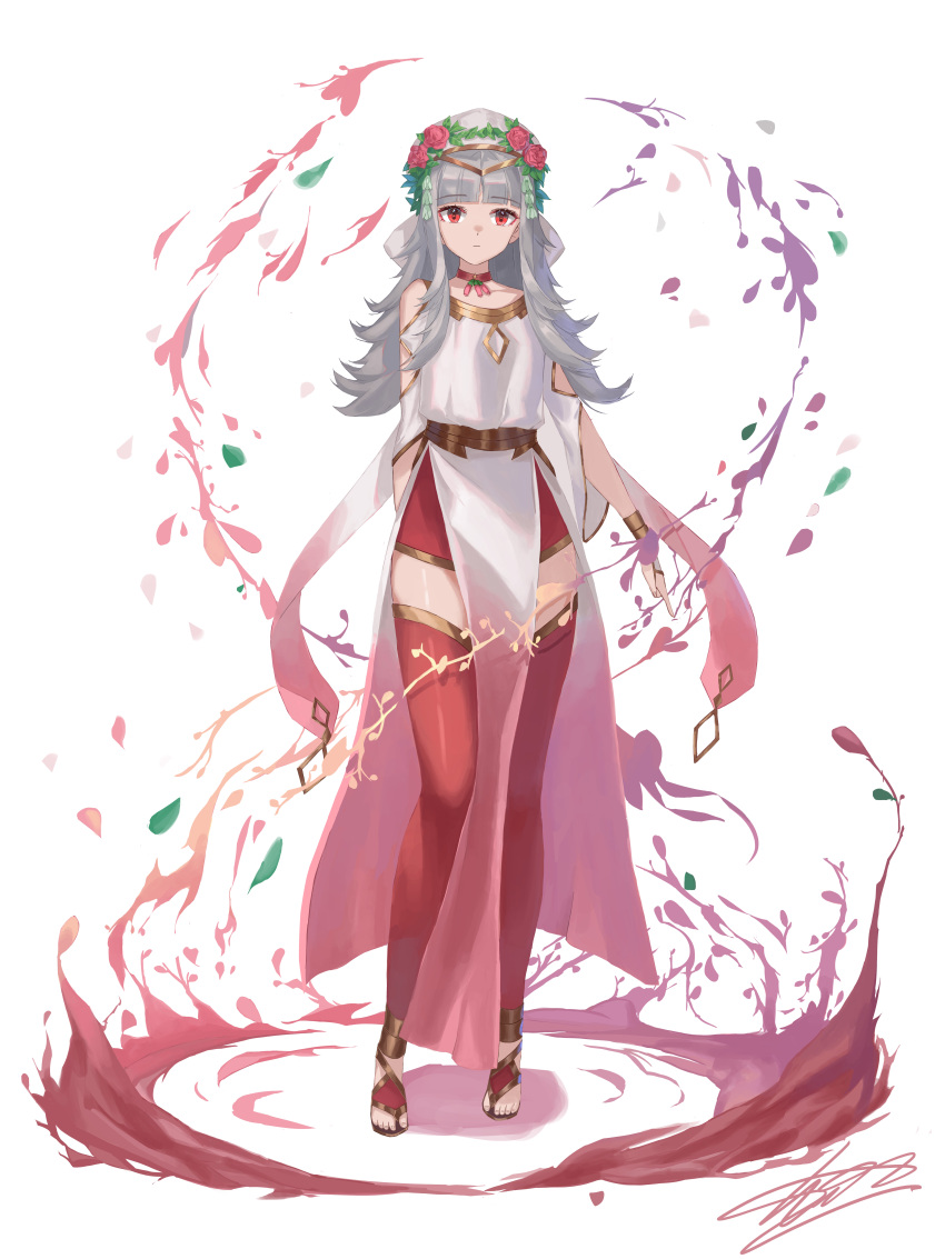 1girl absurdres arm_behind_back bangs choker expressionless eyebrows_visible_through_hair fire_emblem fire_emblem_heroes flower full_body gold_trim grey_hair hair_flower hair_ornament highres long_hair looking_at_viewer obsession official_alternate_costume red_eyes red_legwear sandals thigh-highs toes veronica_(fire_emblem) white_background